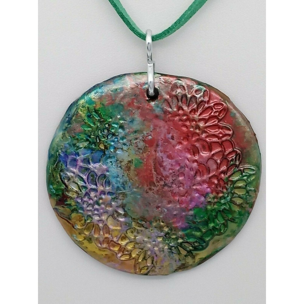 Clay Flower Design Pink Green Blue Polymer Pendant Necklace Handmade Artisan
